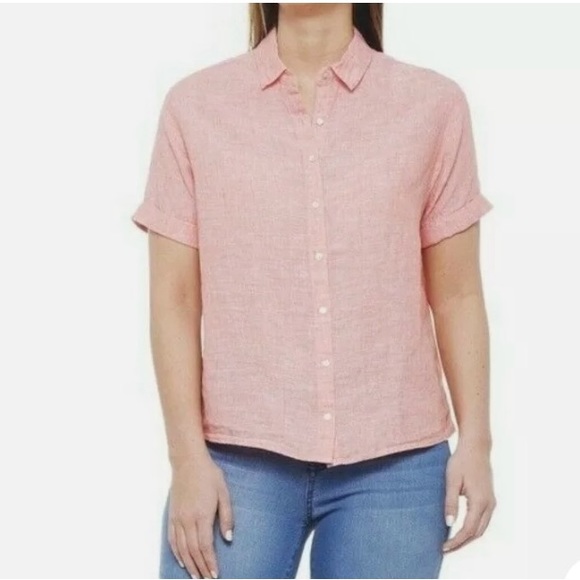 Cynthia Rowley 100% Linen Short Sleeve Pearlized Button Up Blouse size S - Picture 7 of 9